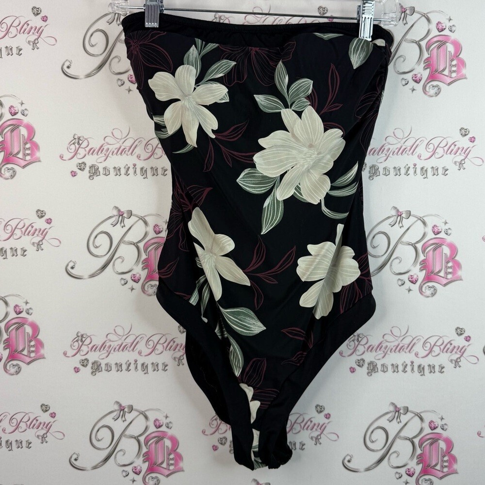 La Vie En Rose aqua bodysuit floral flowers Black Floral Strapless One-Piece